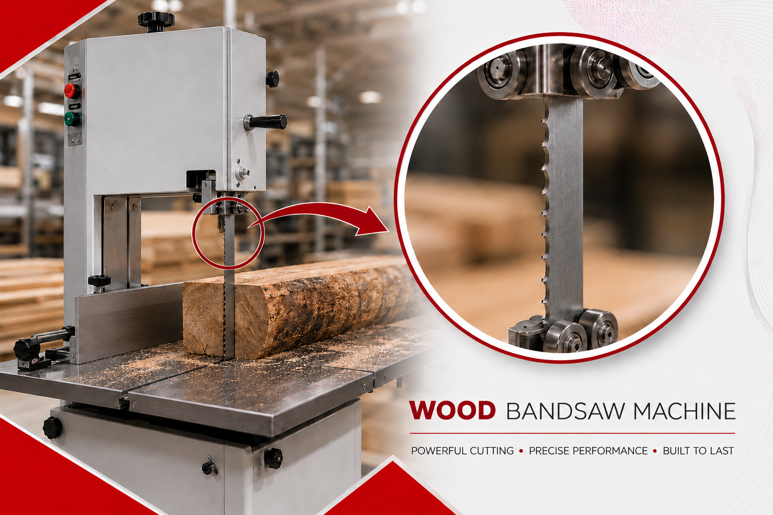 Wood Bandsaw Machine with blade detail callout