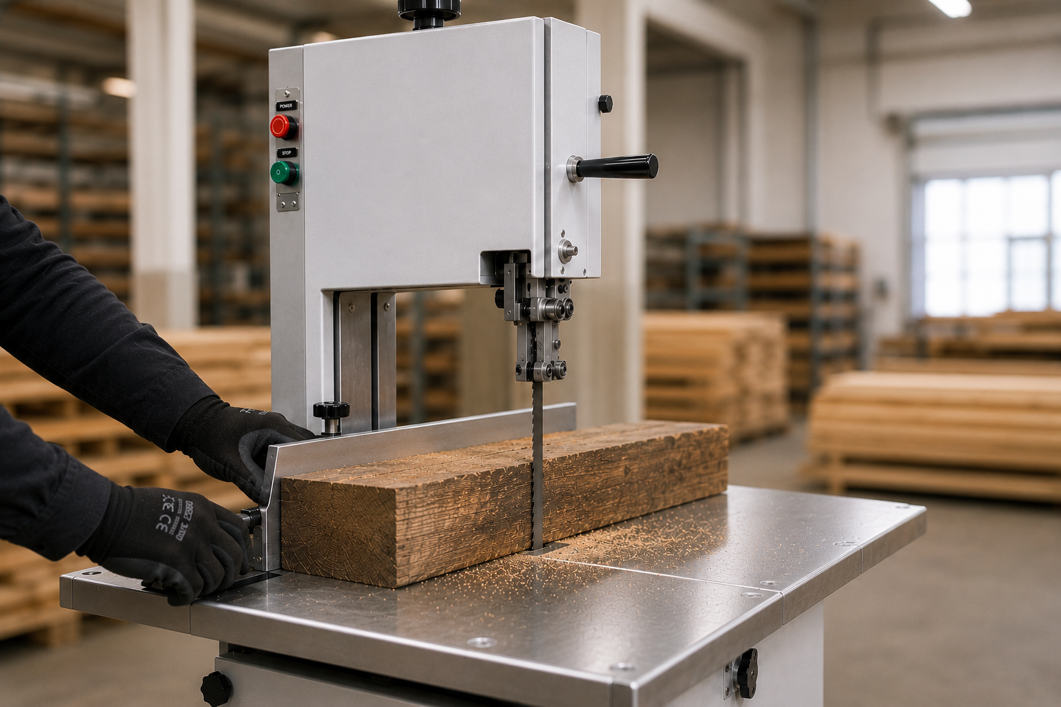 Wood Bandsaw Machine cutting timber